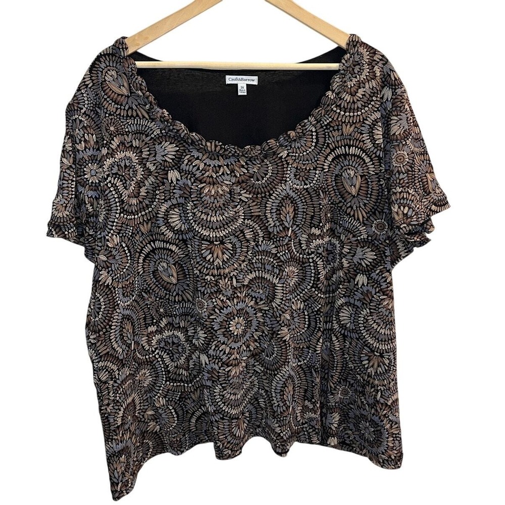 Croft & Barrow Womens 3X Mesh Overlay Blouse Medallion Mosaic Print Scoop Neck